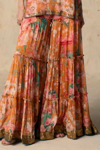Buy Basil Leaf Orange Chiffon Round Neck Tangerine Printed Tunic And Sharara Set Online at Aza Fashions Buy_Basil Leaf_Orange Chiffon Round Neck Tangerine Printed Tunic And Sharara Set _Online_at_Aza_Fashions