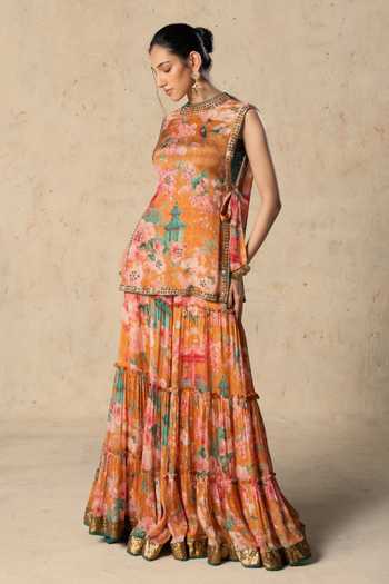 Shop Basil Leaf Orange Chiffon Round Neck Tangerine Printed Tunic And Sharara Set Online at Aza Fashions Shop_Basil Leaf_Orange Chiffon Round Neck Tangerine Printed Tunic And Sharara Set _Online_at_Aza_Fashions