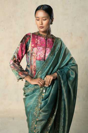 Basil Leaf Green Tissue, Satin, Linen Round Neck Yarded Saree With Blouse Online at Aza Fashions Basil Leaf_Green Tissue, Satin, Linen Round Neck Yarded Saree With Blouse _Online_at_Aza_Fashions