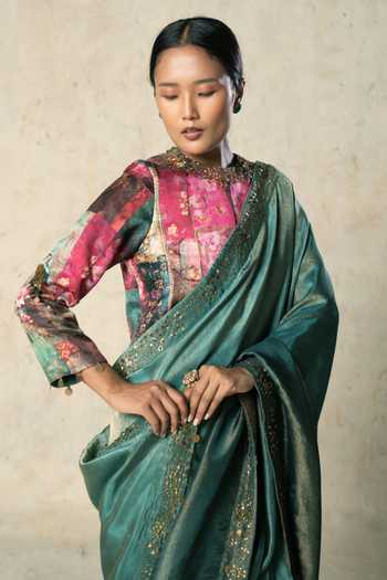 Buy Basil Leaf Green Tissue, Satin, Linen Round Neck Yarded Saree With Blouse Online at Aza Fashions Buy_Basil Leaf_Green Tissue, Satin, Linen Round Neck Yarded Saree With Blouse _Online_at_Aza_Fashions