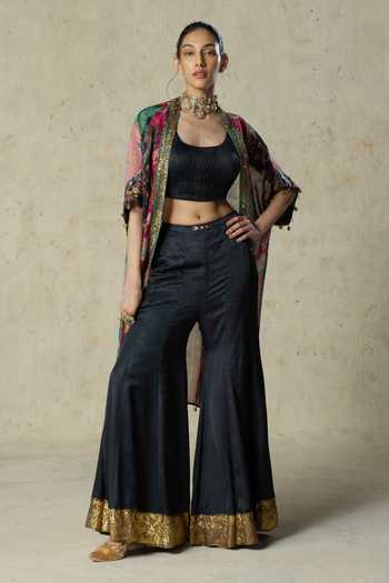 Basil Leaf_Black Satin, Linen, Organza Scoop , Open Printed Jacket Pant Set _Online_at_Aza_Fashions