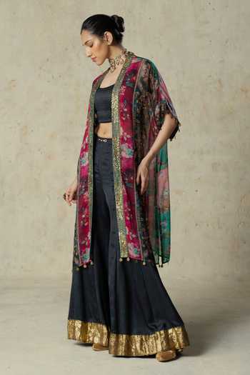 Buy_Basil Leaf_Black Satin, Linen, Organza Scoop , Open Printed Jacket Pant Set _Online_at_Aza_Fashions