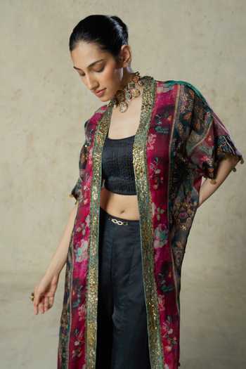 Shop_Basil Leaf_Black Satin, Linen, Organza Scoop , Open Printed Jacket Pant Set _Online_at_Aza_Fashions
