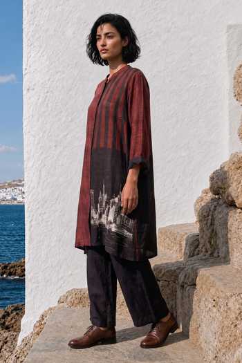 Buy_Basil Leaf_Maroon Silk, Linen Mandarin Collar Earthline Kurta And Pant Set _Online_at_Aza_Fashions