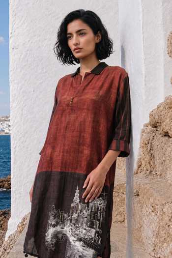 Basil Leaf Maroon Silk, Linen Split V-neck Terra Midi Dress Online at Aza Fashions Basil Leaf_Maroon Silk, Linen Split V-neck Terra Midi Dress _Online_at_Aza_Fashions