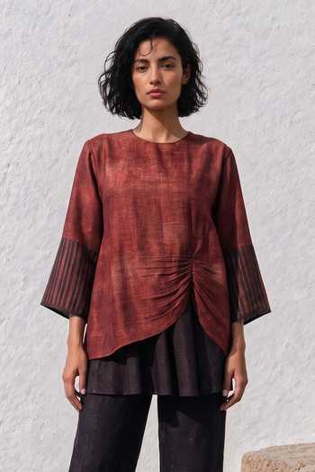 Basil Leaf_Maroon Silk, Linen Round Neck Asymmetric Top And Pant Set _Online_at_Aza_Fashions
