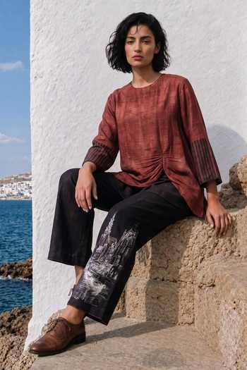 Buy_Basil Leaf_Maroon Silk, Linen Round Neck Asymmetric Top And Pant Set _Online_at_Aza_Fashions