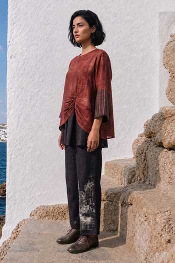 Shop_Basil Leaf_Maroon Silk, Linen Round Neck Asymmetric Top And Pant Set _Online_at_Aza_Fashions