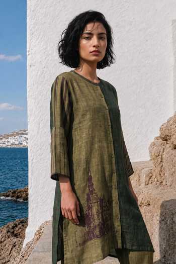 Buy_Basil Leaf_Olive Green Silk, Linen Round Neck Printed Kurta And Pant Set _Online_at_Aza_Fashions