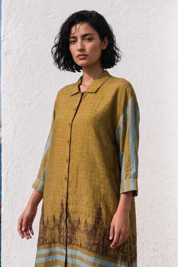 Basil Leaf_Green Silk, Linen Collared Neck Striped Hem Shirt Dress _Online_at_Aza_Fashions