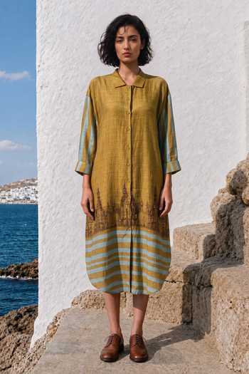 Basil Leaf Striped Hem Shirt Dress 
