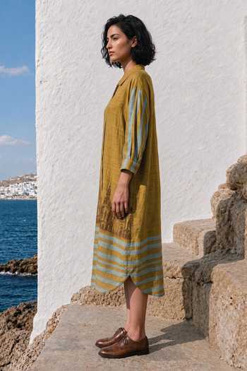 Buy_Basil Leaf_Green Silk, Linen Collared Neck Striped Hem Shirt Dress _Online_at_Aza_Fashions