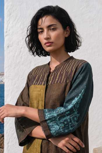 Basil Leaf_Green Silk, Linen Mandarin Collar Colorblock Meadow Top And Pant Set _Online_at_Aza_Fashions