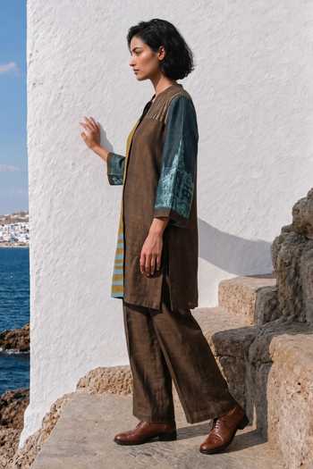 Buy_Basil Leaf_Green Silk, Linen Mandarin Collar Colorblock Meadow Top And Pant Set _Online_at_Aza_Fashions