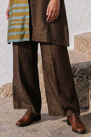 Shop_Basil Leaf_Green Silk, Linen Mandarin Collar Colorblock Meadow Top And Pant Set _Online_at_Aza_Fashions