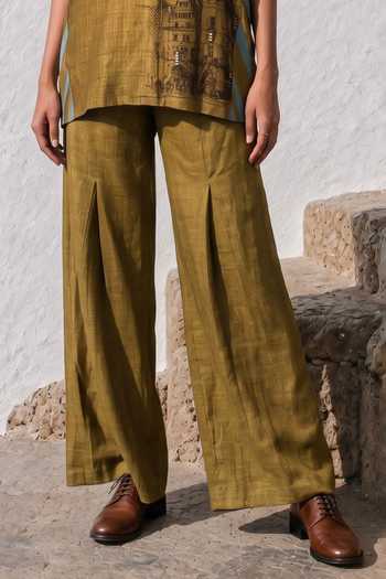 Basil Leaf_Green Silk, Linen V-neck Top And Pant Set _Online_at_Aza_Fashions