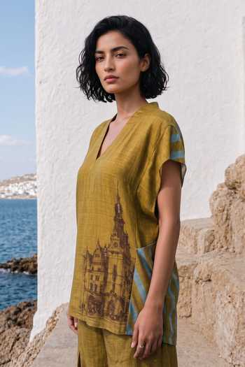 Buy_Basil Leaf_Green Silk, Linen V-neck Top And Pant Set _Online_at_Aza_Fashions