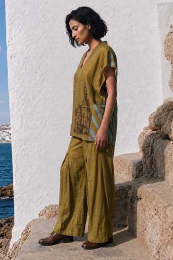 Shop_Basil Leaf_Green Silk, Linen V-neck Top And Pant Set _Online_at_Aza_Fashions