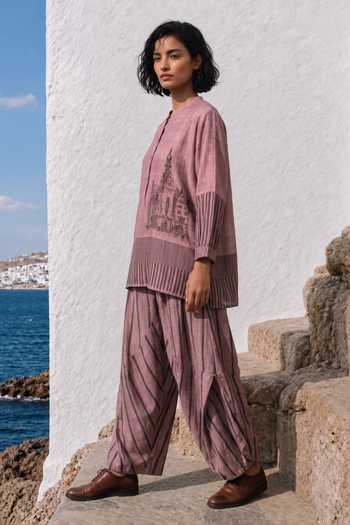 Basil Leaf_Pink Silk, Linen Mandarin Collar Top And Pant Set _Online_at_Aza_Fashions