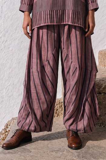 Buy_Basil Leaf_Pink Silk, Linen Mandarin Collar Top And Pant Set _Online_at_Aza_Fashions