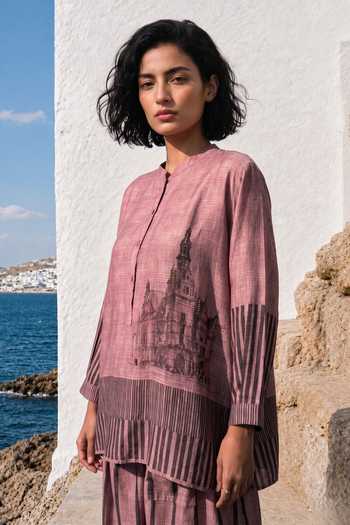 Shop_Basil Leaf_Pink Silk, Linen Mandarin Collar Top And Pant Set _Online_at_Aza_Fashions