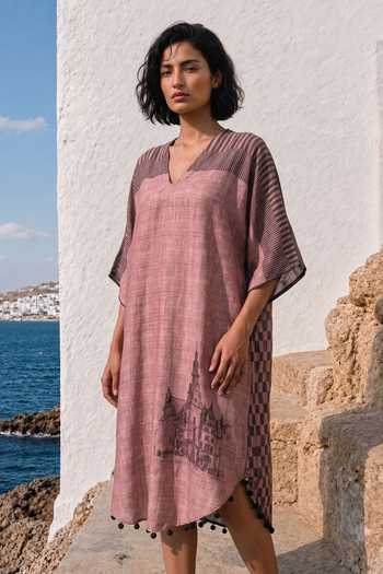Basil Leaf_Pink Silk, Linen V-neck Checked Midi Dress _Online_at_Aza_Fashions
