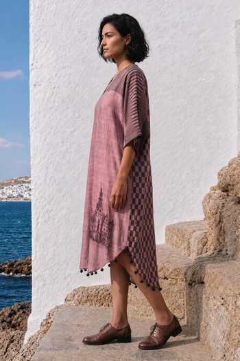 Buy_Basil Leaf_Pink Silk, Linen V-neck Checked Midi Dress _Online_at_Aza_Fashions