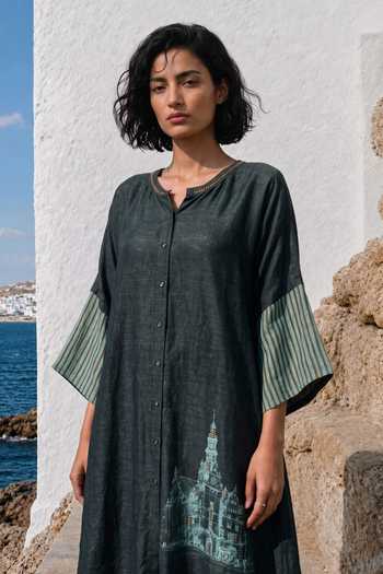Basil Leaf_Green Silk, Linen Round Neck Printed Kurta And Pant Set _Online_at_Aza_Fashions