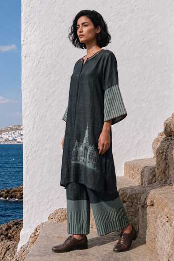 Buy_Basil Leaf_Green Silk, Linen Round Neck Printed Kurta And Pant Set _Online_at_Aza_Fashions