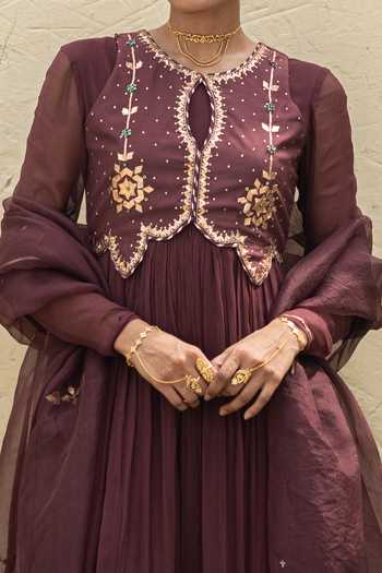 Shop Baise Gaba Maroon Chiffon, Satin, Lycra, Organza, Zohra Embroidered Koti And Anarkali Set Online at Aza Fashions Shop_Baise Gaba_Maroon Chiffon, Satin, Lycra, Organza, Zohra Embroidered Koti And Anarkali Set _Online_at_Aza_Fashions