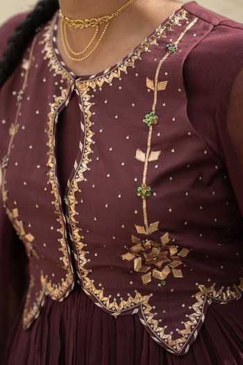 Buy Baise Gaba Maroon Chiffon, Satin, Lycra, Organza, Zohra Embroidered Koti And Anarkali Set Buy_Baise Gaba_Maroon Chiffon, Satin, Lycra, Organza, Zohra Embroidered Koti And Anarkali Set