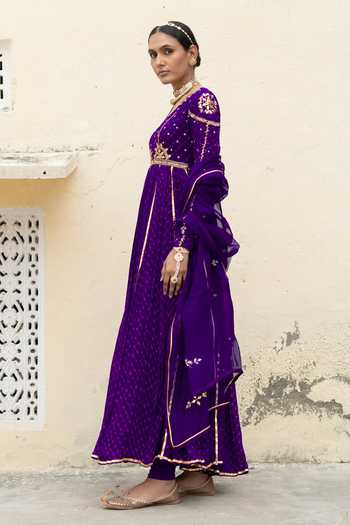 Shop Baise Gaba Purple Georgette, Satin, Lycra, Organza Yamini Mothda Leheriya Anarkali Set Online at Aza Fashions Shop_Baise Gaba_Purple Georgette, Satin, Lycra, Organza Yamini Mothda Leheriya Anarkali Set _Online_at_Aza_Fashions