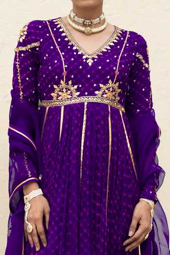 Baise Gaba Purple Georgette, Satin, Lycra, Organza Yamini Mothda Leheriya Anarkali Set at Aza Fashions Baise Gaba_Purple Georgette, Satin, Lycra, Organza Yamini Mothda Leheriya Anarkali Set _at_Aza_Fashions