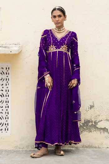 Shop Baise Gaba Purple Georgette, Satin, Lycra, Organza Yamini Mothda Leheriya Anarkali Set Shop_Baise Gaba_Purple Georgette, Satin, Lycra, Organza Yamini Mothda Leheriya Anarkali Set