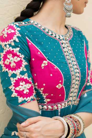 Shop Baise Gaba Pink Chiffon, Satin, Lycra, Organza Crew Firoza Gota Patti Work Anarkali Set Online at Aza Fashions Shop_Baise Gaba_Pink Chiffon, Satin, Lycra, Organza Crew Firoza Gota Patti Work Anarkali Set _Online_at_Aza_Fashions