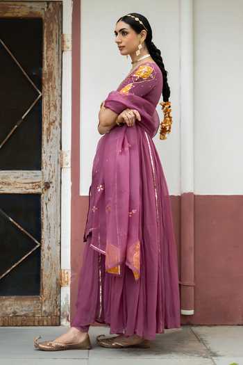 Shop Baise Gaba Purple Chiffon, Satin, Lycra, Organza V-neck Shab Goti Patti Work Anarkali Set Online at Aza Fashions Shop_Baise Gaba_Purple Chiffon, Satin, Lycra, Organza V-neck Shab Goti Patti Work Anarkali Set _Online_at_Aza_Fashions
