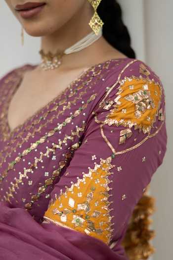 Baise Gaba Purple Chiffon, Satin, Lycra, Organza V-neck Shab Goti Patti Work Anarkali Set at Aza Fashions Baise Gaba_Purple Chiffon, Satin, Lycra, Organza V-neck Shab Goti Patti Work Anarkali Set _at_Aza_Fashions