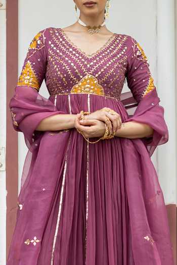 Buy Baise Gaba Purple Chiffon, Satin, Lycra, Organza V-neck Shab Goti Patti Work Anarkali Set Buy_Baise Gaba_Purple Chiffon, Satin, Lycra, Organza V-neck Shab Goti Patti Work Anarkali Set