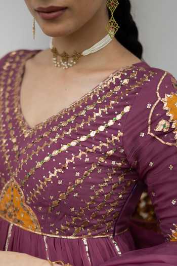 Shop Baise Gaba Purple Chiffon, Satin, Lycra, Organza V-neck Shab Goti Patti Work Anarkali Set Shop_Baise Gaba_Purple Chiffon, Satin, Lycra, Organza V-neck Shab Goti Patti Work Anarkali Set