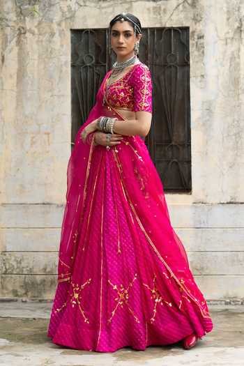 Buy Baise Gaba Pink Georgette, Organza Square Neck Varnika Mothda Leheriya Lehenga Set Online at Aza Fashions Buy_Baise Gaba_Pink Georgette, Organza Square Neck Varnika Mothda Leheriya Lehenga Set _Online_at_Aza_Fashions