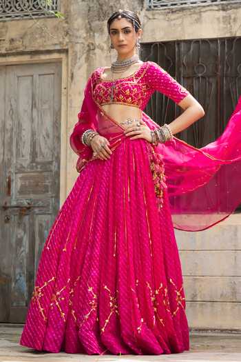 Shop Baise Gaba Pink Georgette, Organza Square Neck Varnika Mothda Leheriya Lehenga Set Online at Aza Fashions Shop_Baise Gaba_Pink Georgette, Organza Square Neck Varnika Mothda Leheriya Lehenga Set _Online_at_Aza_Fashions