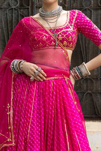 Buy Baise Gaba Pink Georgette, Organza Square Neck Varnika Mothda Leheriya Lehenga Set Buy_Baise Gaba_Pink Georgette, Organza Square Neck Varnika Mothda Leheriya Lehenga Set