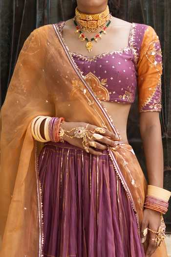 Shop Baise Gaba Purple Chanderi, Organza V-neck Kashvi Tamba Gota Patti Work Lehenga Set Online at Aza Fashions Shop_Baise Gaba_Purple Chanderi, Organza V-neck Kashvi Tamba Gota Patti Work Lehenga Set _Online_at_Aza_Fashions