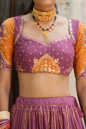 Baise Gaba Purple Chanderi, Organza V-neck Kashvi Tamba Gota Patti Work Lehenga Set at Aza Fashions Baise Gaba_Purple Chanderi, Organza V-neck Kashvi Tamba Gota Patti Work Lehenga Set _at_Aza_Fashions
