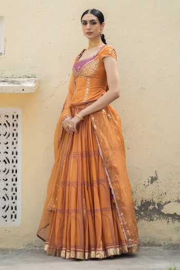 Shop Baise Gaba Yellow Chanderi, Organza Square Neck Swarna Embroidered Corset Top Lehenga Set Shop_Baise Gaba_Yellow Chanderi, Organza Square Neck Swarna Embroidered Corset Top Lehenga Set