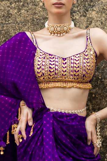 Shop Baise Gaba Purple Georgette Sweetheart Neck Apsara Pre-draped Mothda Leheriya Saree Set Online at Aza Fashions Shop_Baise Gaba_Purple Georgette Sweetheart Neck Apsara Pre-draped Mothda Leheriya Saree Set _Online_at_Aza_Fashions