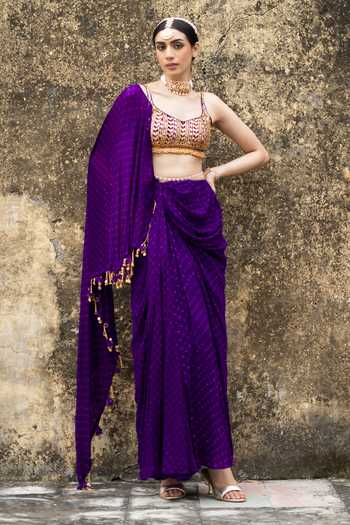Baise Gaba Apsara Pre-Draped Mothda Leheriya Saree Set 