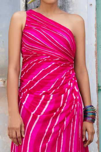 Buy Baise Gaba Pink Georgette One Shoulder Sehaj Leheriya Print Dress Online at Aza Fashions Buy_Baise Gaba_Pink Georgette One Shoulder Sehaj Leheriya Print Dress _Online_at_Aza_Fashions