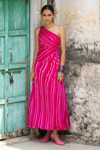 Buy Baise Gaba Pink Georgette One Shoulder Sehaj Leheriya Print Dress Buy_Baise Gaba_Pink Georgette One Shoulder Sehaj Leheriya Print Dress