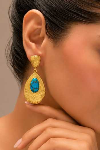 Arvino Gold Plated Turquoise Textured Drop Earrings Online at Aza Fashions Arvino_Gold Plated Turquoise Textured Drop Earrings _Online_at_Aza_Fashions